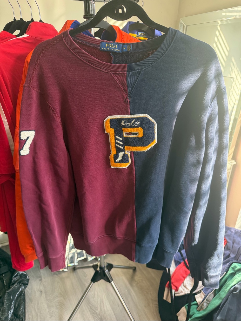 Polo by Ralph Lauren Maroon & Navy Split Crewneck Sweatshirt with Varsity Patch